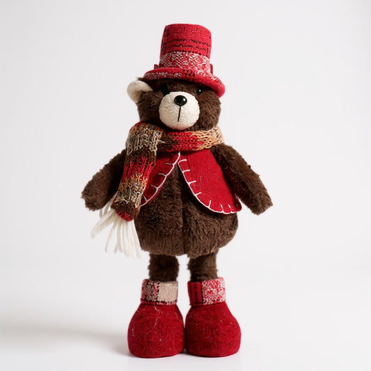 Mini Christmas Bear with Red Scarf & Festive Hat – Holiday Plush Decoration