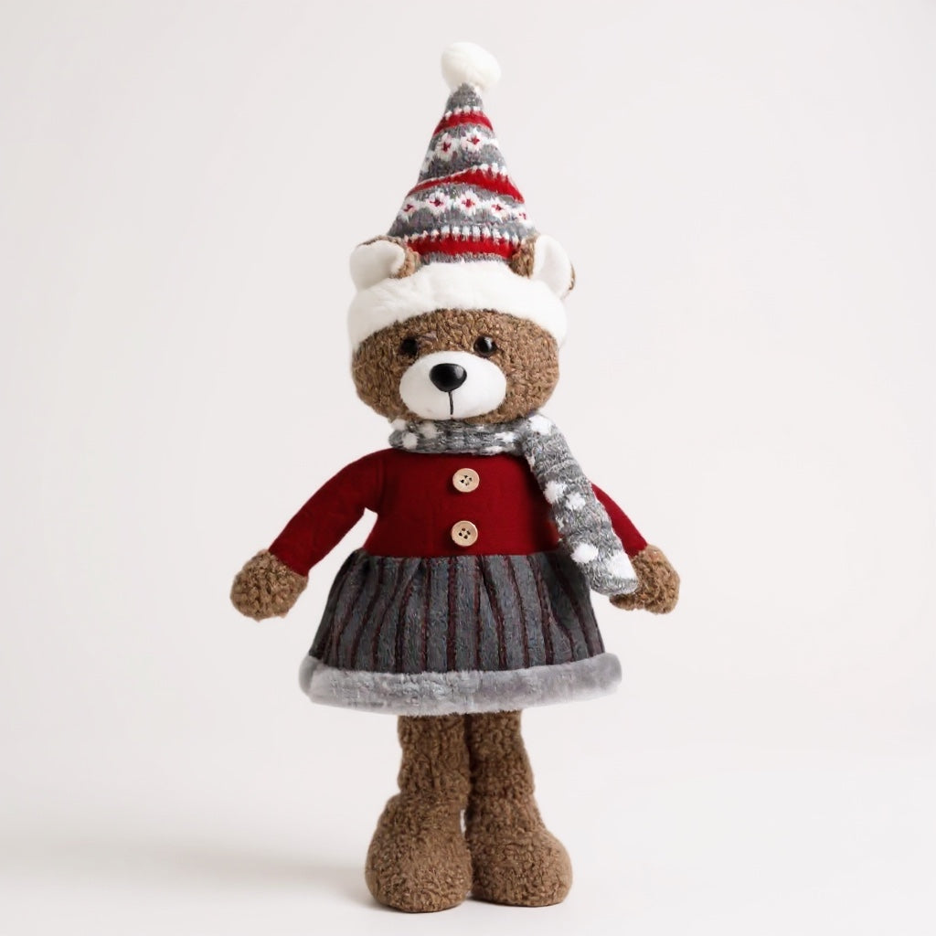 Festive Christmas Bear Girl – Plush Holiday Decoration in Dress & Winter Hat