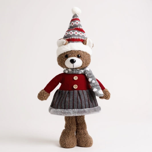 Festive Christmas Bear Girl – Plush Holiday Decoration in Dress & Winter Hat