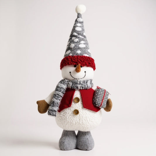 Grey Hat Snowman with Gift – Plush Christmas Decoration