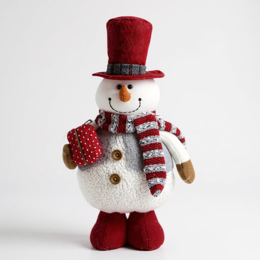Festive Snowman with Gift – Plush Christmas Decoration in Red Hat & Scarf
